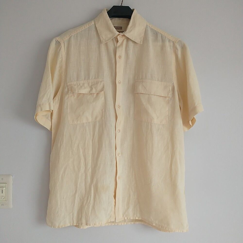 BRUNO Pure Linen Shirt Mens M Yellow Washable Short Sleeve Pocket